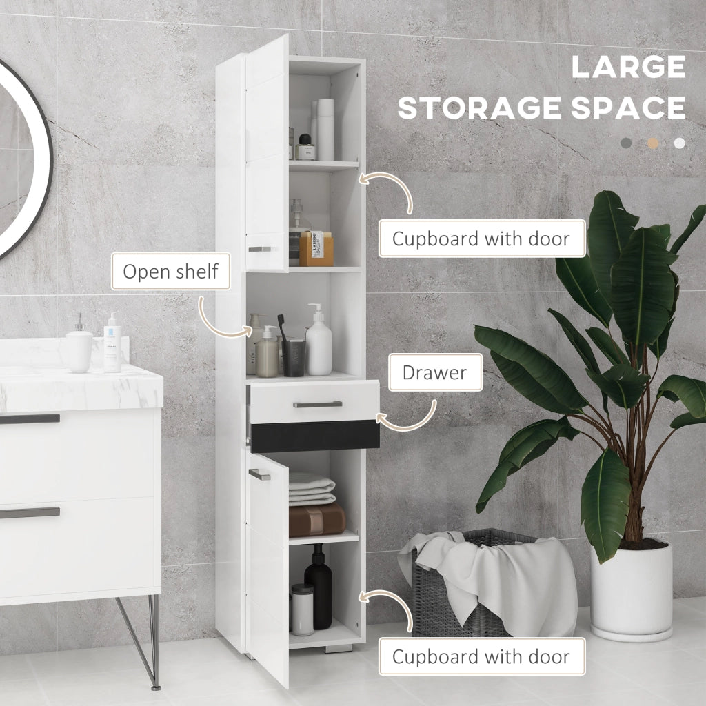 EasyComfort Colonna Bagno in MDF con Ripiano Aperto, Cassetto e Armadietto Chiuso, 37x32.5x170 cm, Bianco