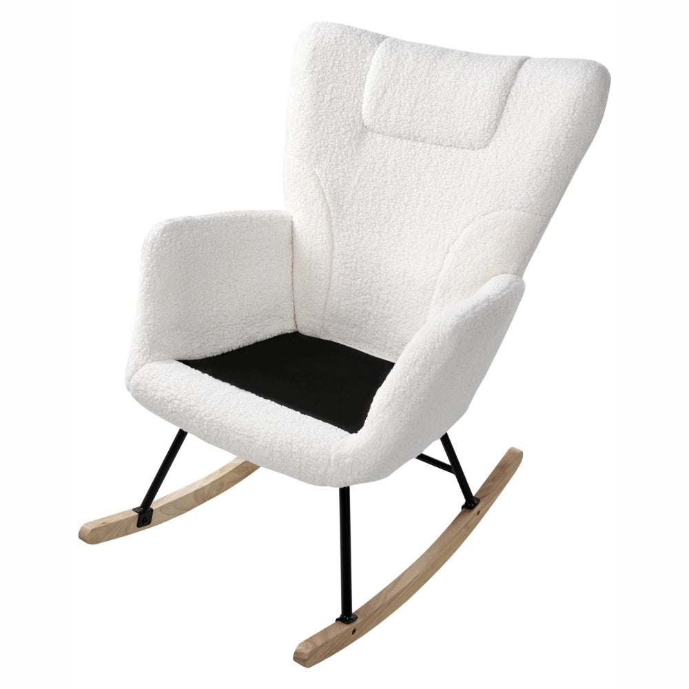 Sedia a dondolo Tessuto bouclé bianco Rivestimento in legno Gambe Pattini Nursery Soggiorno Cottage Scandinavo