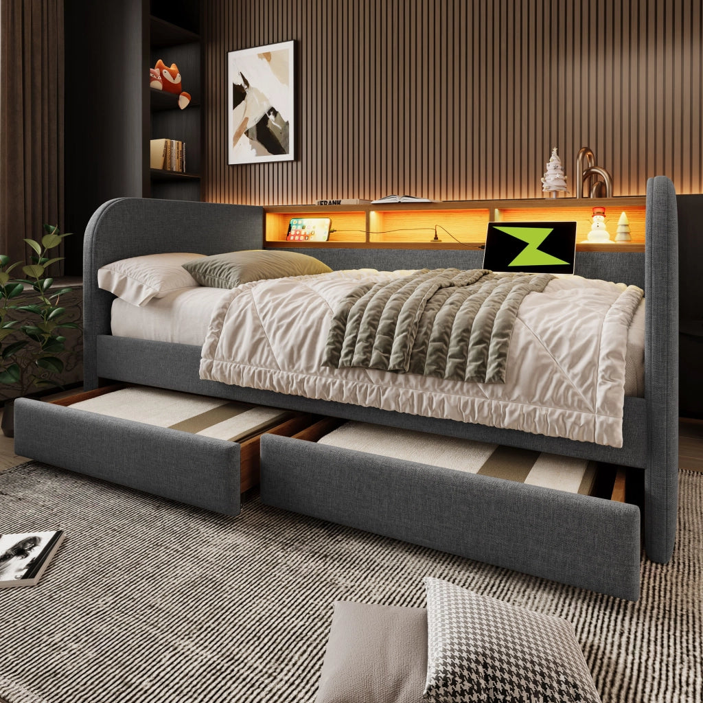 Divano letto imbottito con LED e USB 140x190 cm colore grigio lino