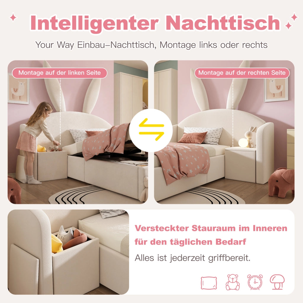 Letto per bambini 90 × 190 cm con testiera a orecchie di coniglio, contenitore idraulico e comodino, senza materasso, beige