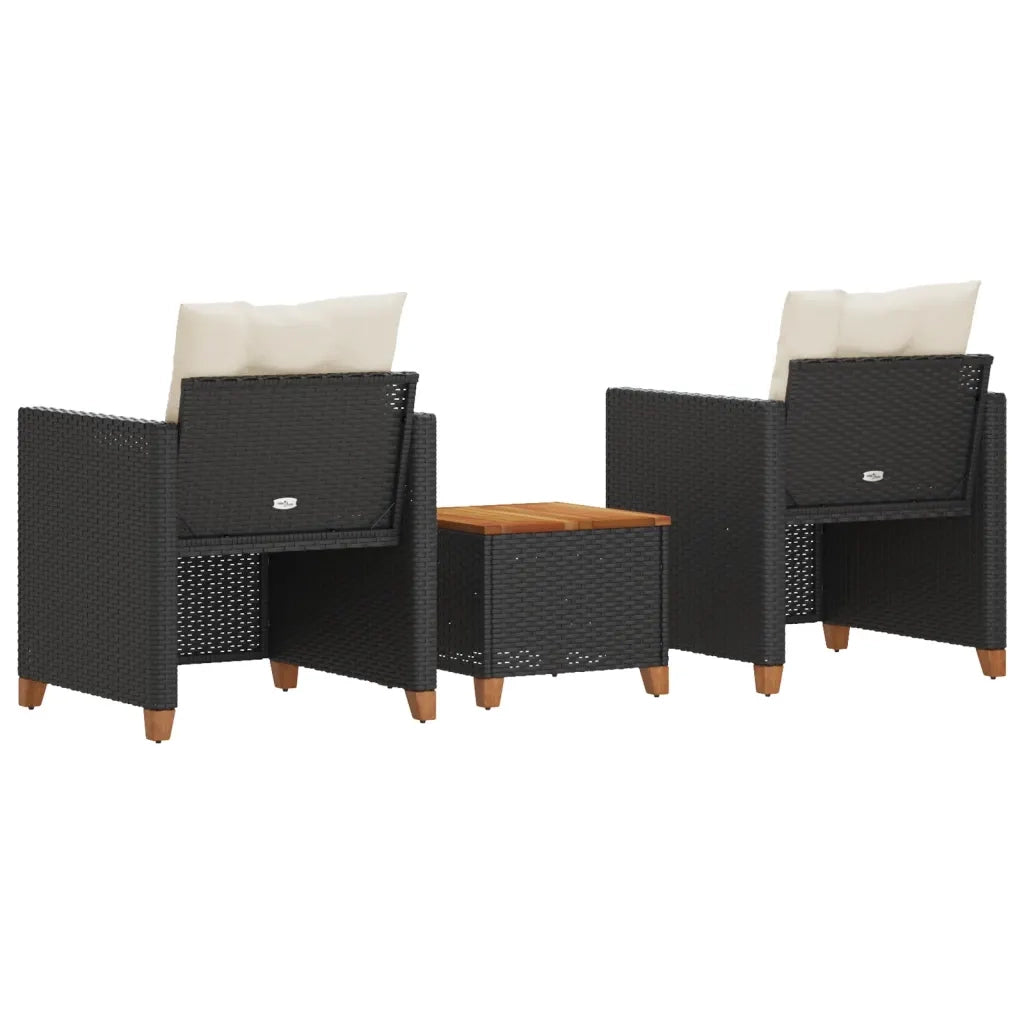 Set da BistrÃ² 3 pz con Cuscini Nero Polyrattan e Legno Acacia