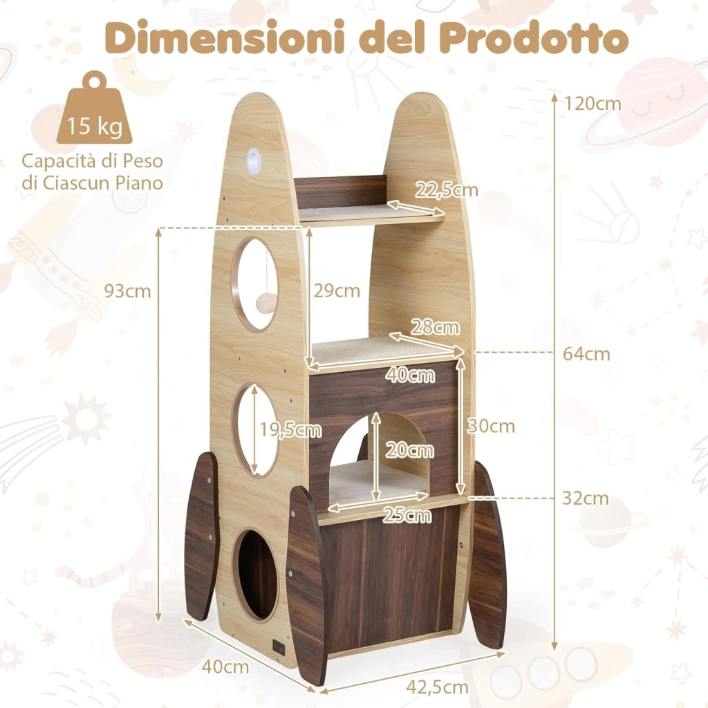 Albero per Gatti a Forma di Razzo, Tiragraffi per Gatti da Interno in Legno Alto 120 cm con Condo a 2 Piani, Perno Superiore e Pedana Graffiatrice in Sisal, Mobile per Gattini