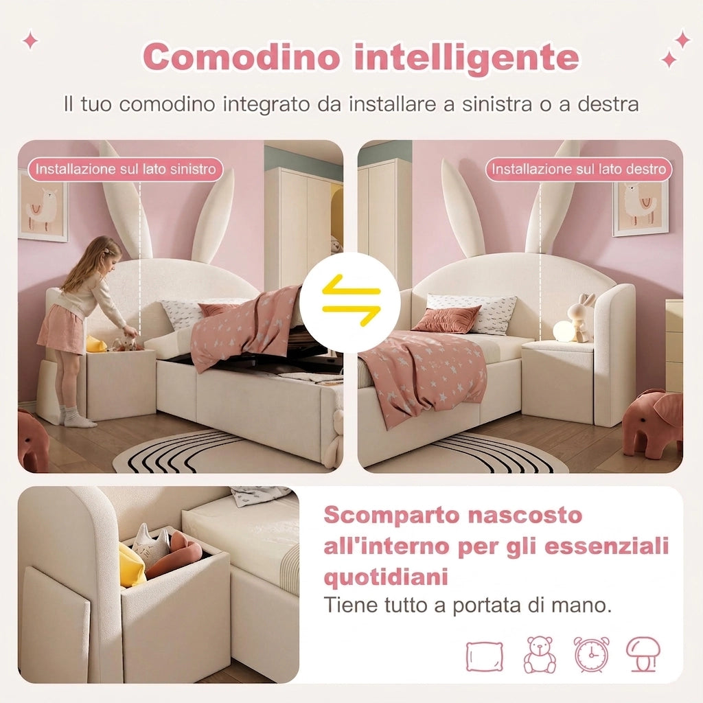 Letto singolo 90x200 con contenitore e comodino; letto imbottito design orecchie da coniglio; struttura letto in velluto beige