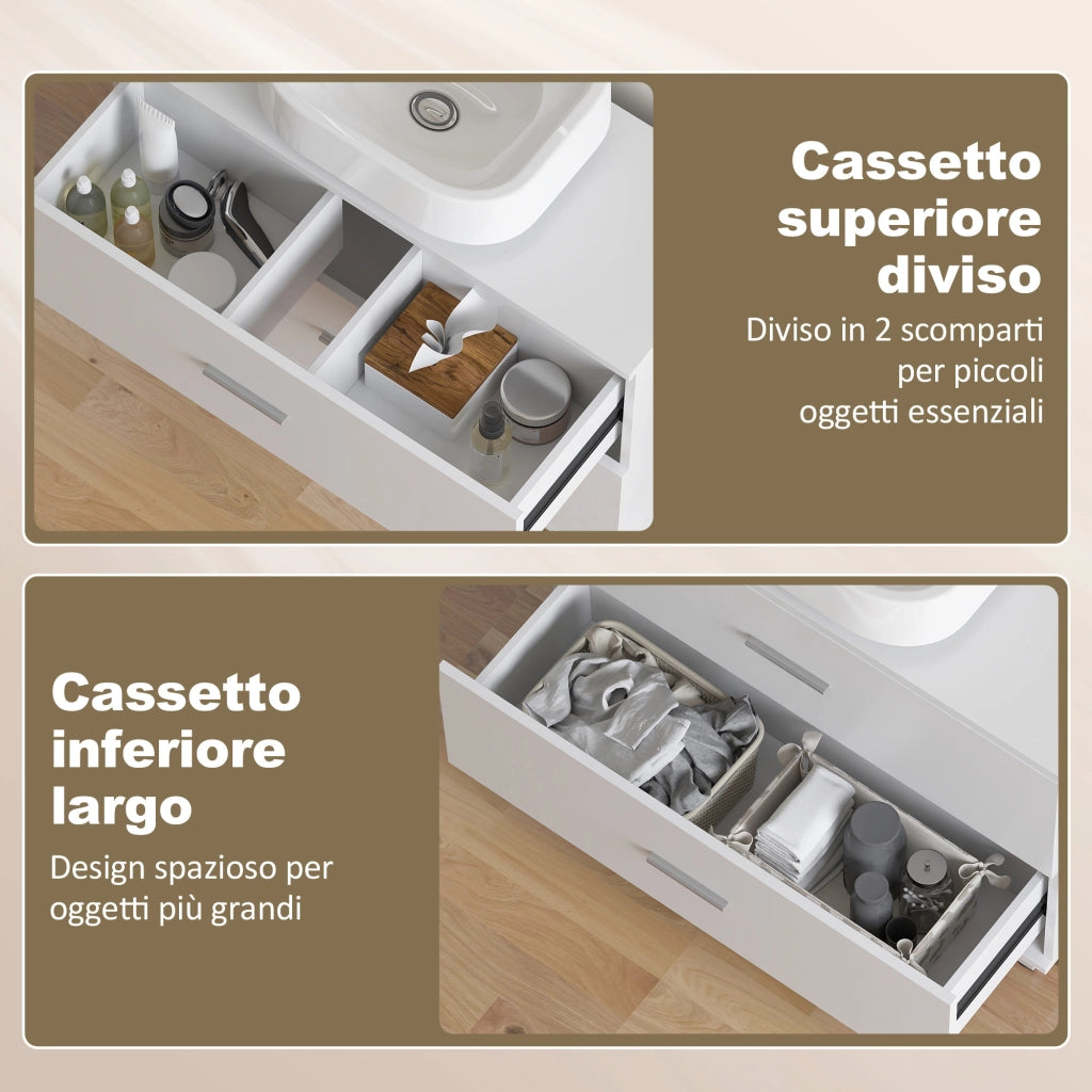 Mobile Sottolavabo Moderno con 2 Cassetti e Divisori per Lavabo Senza Piedistallo, 80x30x60 cm, Bianco