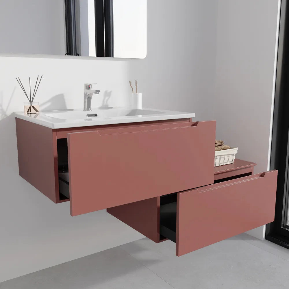 Mobile bagno sospeso modulare 80 cm terracotta opaco due cassetti con lavabo | Bako