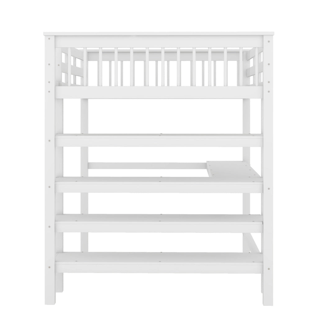 Letto a soppalco 140x200 cm bianco con scrivania e ripiani, legno di pino e MDF