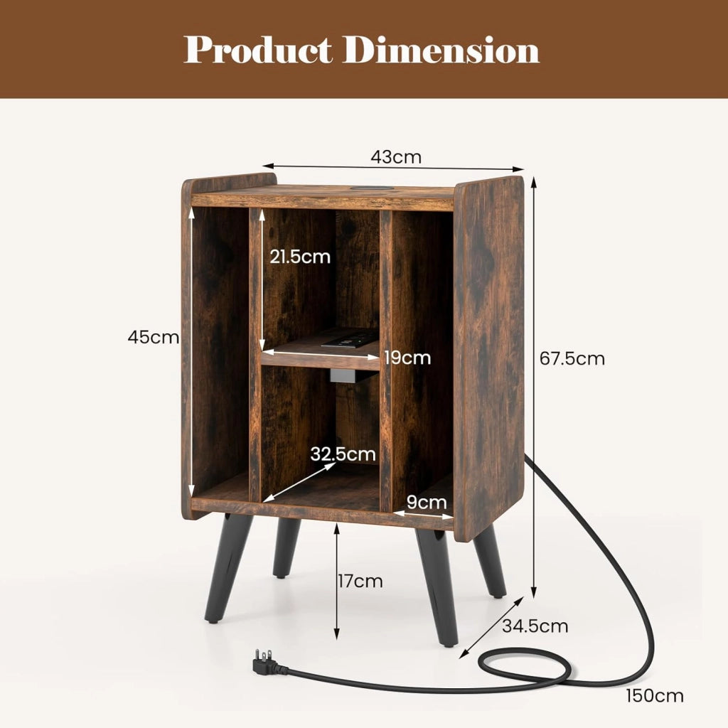Tavolino da Letto Mobile Giradischi con Base di Ricarica, Comodino Camera da Lettocon Scomparti in Vinile, Comodino Smart per Soggiorno, Camera da Letto, Marrone, 43x34,5x67,5 cm