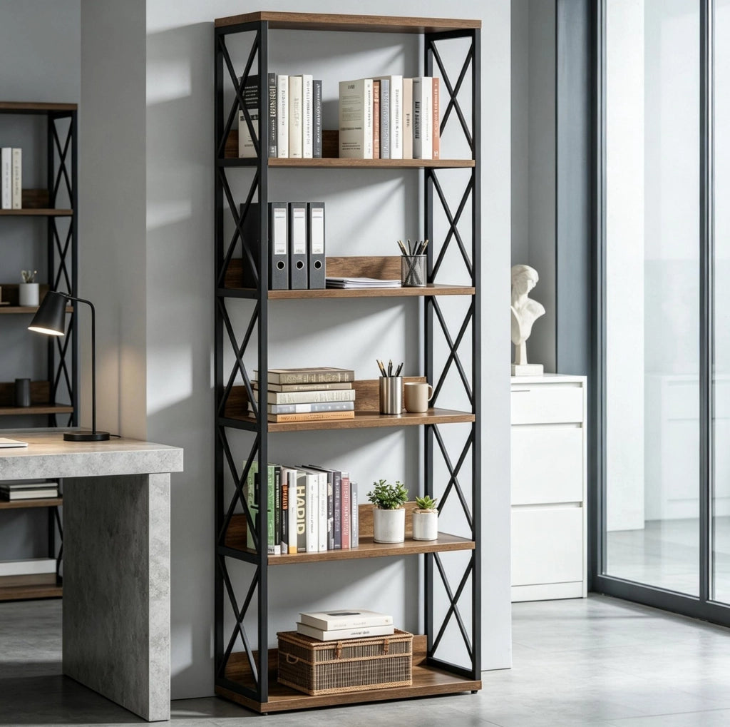 Libreria ULEVR 178 cm a 5 ripiani aperti, struttura in metallo e legno, nero e marrone