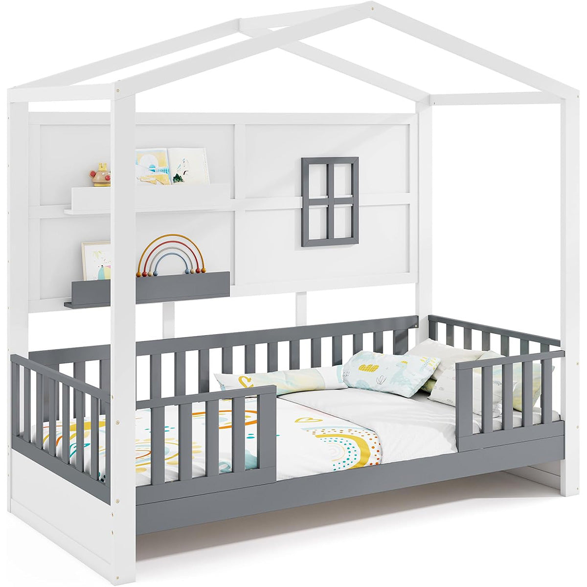 Letto montessori a terra con 2 ripiani e paracolpi-Letto a forma di casa con finestra e recinzione Bianco e Grigio