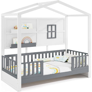 Letto montessori a terra con 2 ripiani e paracolpi-Letto a forma di casa con finestra e recinzione Bianco e Grigio