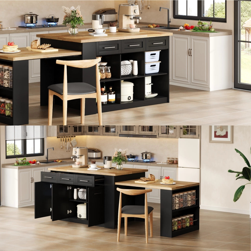 Isola cucina multifunzionale - Zephmum - 150x96 cm - Nero - Tavolo estraibile, piano laminato, armadi integrati
