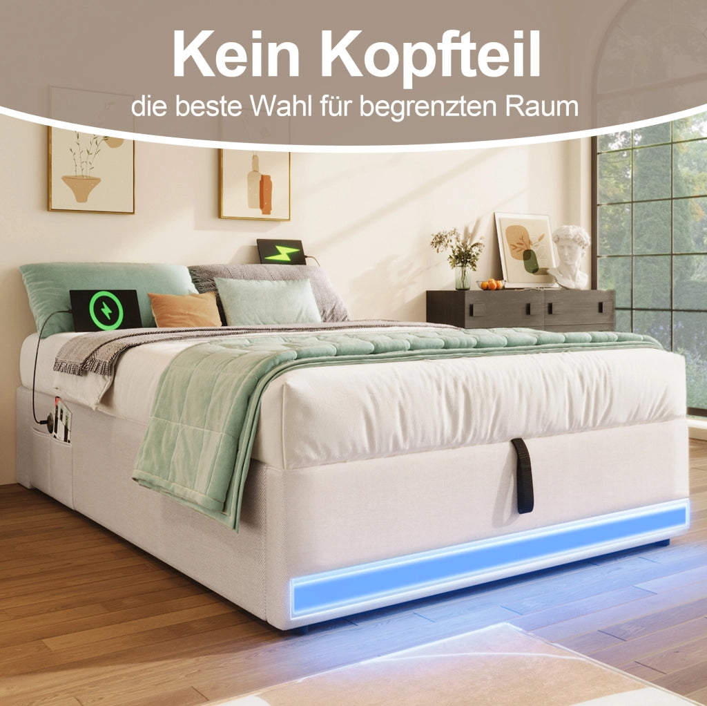 LETTO imbottito 90x200 cm in lino beige con LED, USB, Tipo-C e tasche laterali