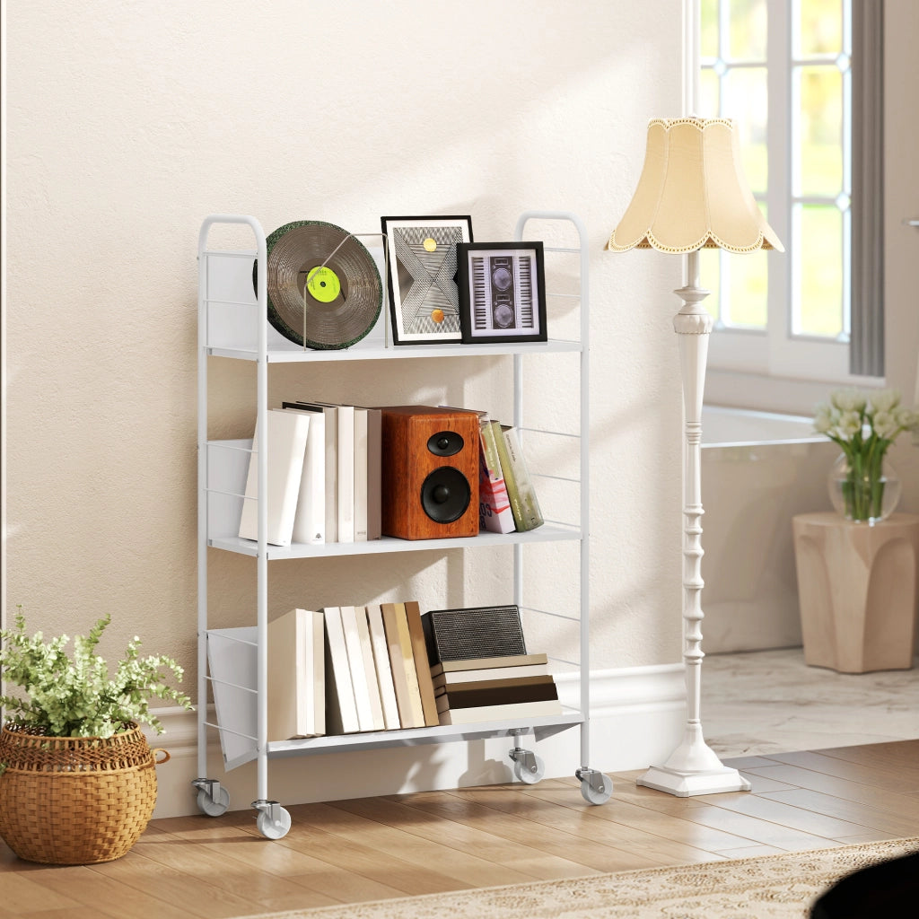 Carrello Portalibri Moderno a 3 Livelli 69x26x108 cm con Ruote Girevoli in Metallo e PP Bianco