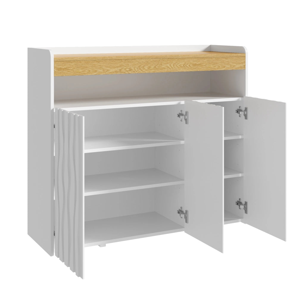 Credenza con 3 ante; vano aperto; LED e ripiani regolabili - 105x33.5x76 cm - bianco