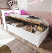 Letto multifunzione 90x200 cm con presa integrata; LED e 4 vani contenitore; bianco