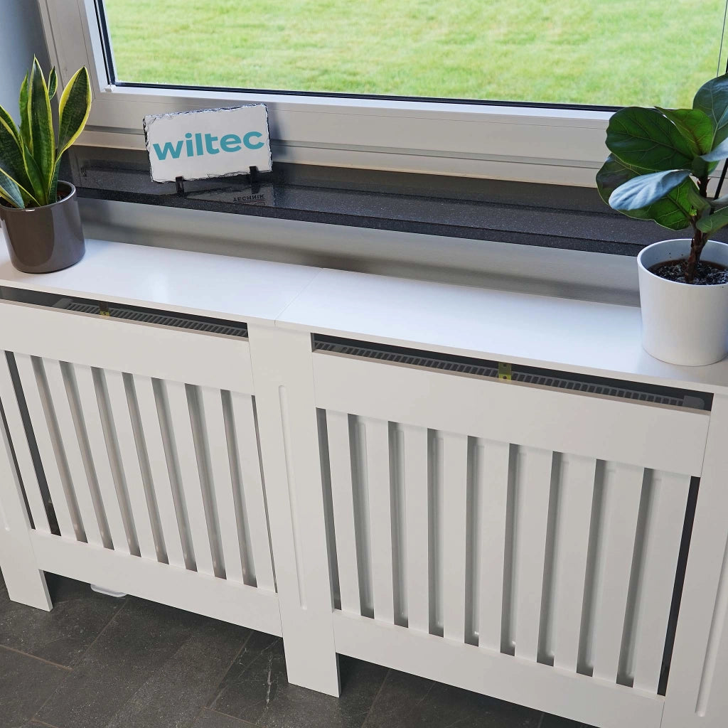 Toboli Copritermosifone in MDF bianco 172x19x82cm Copricalorifero a doghe