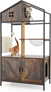 Tiragraffi per Gatti Alto 80 x 48 x 150 cm, Mobile Lettiera per Gatti in Legno e Metallo con Capsula Spaziale e Graffiatoio, Albero per Gatti Multiuso con Palo in Juta per Soggiorno