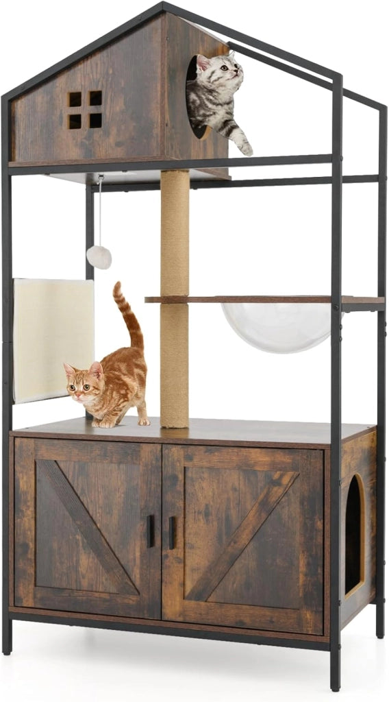 Tiragraffi per Gatti Alto 80 x 48 x 150 cm, Mobile Lettiera per Gatti in Legno e Metallo con Capsula Spaziale e Graffiatoio, Albero per Gatti Multiuso con Palo in Juta per Soggiorno
