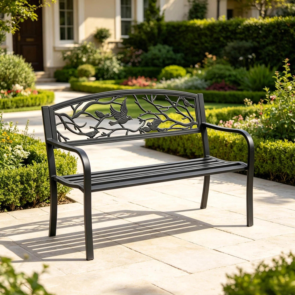 Panchina da giardino in metallo nero 127x60x85 cm; con schienale decorato