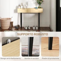 Consolle da Ingresso in Stile Nordico con 2 Cassetti in Legno e Acciaio, 100x30x80.5 cm, Rovere