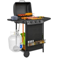 Barbecue a Gas con 4 Bruciatori Indipendenti e Coperchio con Termometro, 108x54x97 cm, Nero