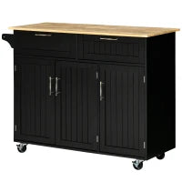 Carrello da Cucina in Legno con 2 Cassetti, Armadietto 3 Ante e 4 Ruote, 121x46x91cm, Nero