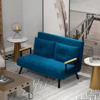 Divano Convertibile a 2 Posti con Schienale Regolabile a 5 Livelli e 2 Cuscini Imbottiti, Rivestimento in Velluto, Blu