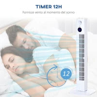 Ventilatore a Torre 45W a 3 Modalità e 3 Velocità con Timer da 12h e Diffusore, 31.5x31.5x96 cm, Bianco