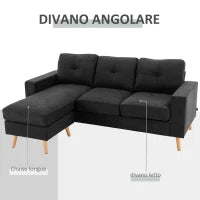 Divano 3 Posti ad Angolo con Penisola Reversibile e Cuscini, in Tessuto Effetto Lino, 193x136x85 cm, Nero