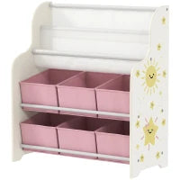 Scaffale Portagiochi con 6 Cassetti in Tessuto e Libreria a 2 Livelli, in Legno e Acciaio, 63x30x71 cm, Rosa