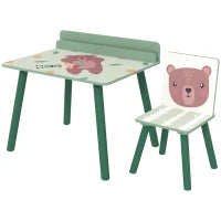 Set Sedia e Tavolino per Bambini con Ripiano Portaoggetti, in MDF e Legno di Pino, Verde