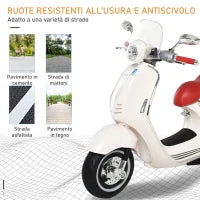 Moto Elettrica per Bambini con Licenza Ufficiale Vespa, 2 Rotelle, Luci e Suoni, 108x49x75 cm, Bianca