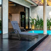 Sdraio da Giardino in Polirattan con Schienale Regolabile in 5 Posizioni, Cuscino, Ruote, Portata 160 kg, Sedia Sdraio Relax per Giardino, 200x73x30-103cm, Grigio