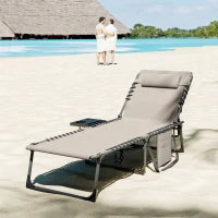 Sdraio Pieghevole e Reclinabile a 5 Livelli con Tavolino Laterale e Tasca, 60x190x31 cm, Crema