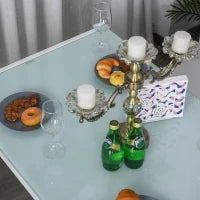 Set 5 Pezzi con 1 Tavolo e 4 Sedie per Cucina o Sala da Pranzo in Finta Pelle, Metallo e Vetro Temperato, Bianco