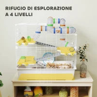 Gabbia per Criceti a 4 Livelli con Tubi, Ruota, 3 Porte e Vassoio, in Metallo, PP e PS, 78x45x73 cm, Bianco