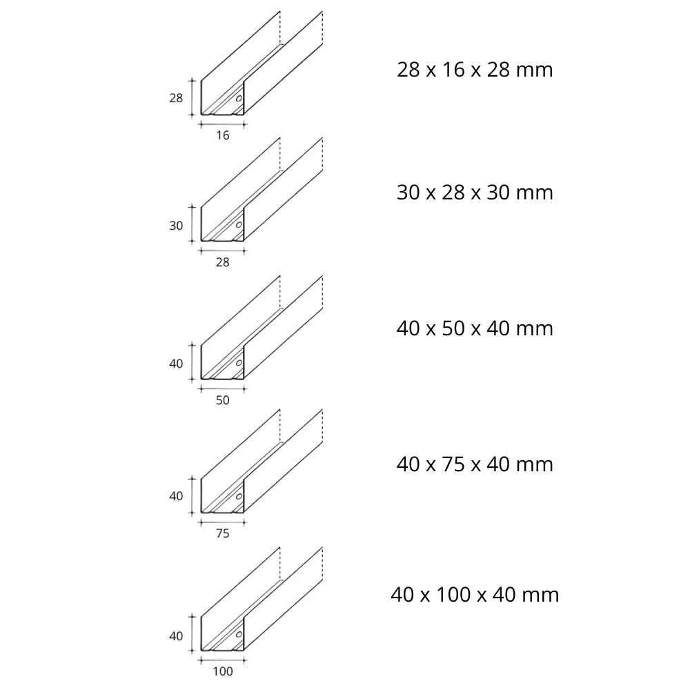 Guida u standard 1 m profilo preforato sp 0,6 mm per cartongesso *** pezzi 8, misure 40 x 50 x 40 mm, confezione 1