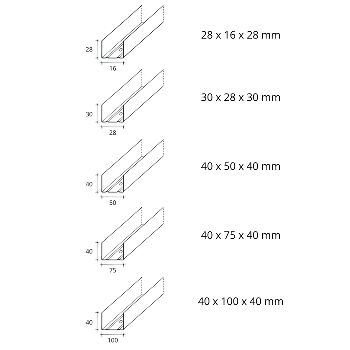 Guida u standard 1 m profilo preforato sp 0,6 mm per cartongesso *** pezzi 2, misure 40 x 100 x 40 mm, confezione 1