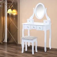 Toeletta Tavolo da Trucco con Specchiera e Sgabello Imbottito, Legno, Bianco