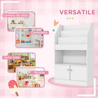 Scaffale Portagiochi per Bambini con Libreria e Armadietto in Legno, 60x29.5x100cm, Bianco