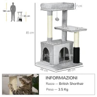 Albero Tiragraffi per Gatti Multilivello con Lettino e Casetta, Rivestimento in Peluche, Grigio