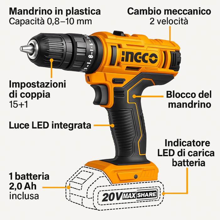 Trapano a batteria 20v inclusa batteria 2ah caricabatterie foratura ingco
