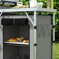 Cucina da Campeggio Pieghevole a 3 Piani con 5 Ripiani Interni e 4 Ganci, 172x48x119 cm, Grigio e Argento