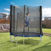 Trampolino Elastico con Scaletta e Rete di Sicurezza, in Acciaio e Plastica, Ø180x200 cm, Blu