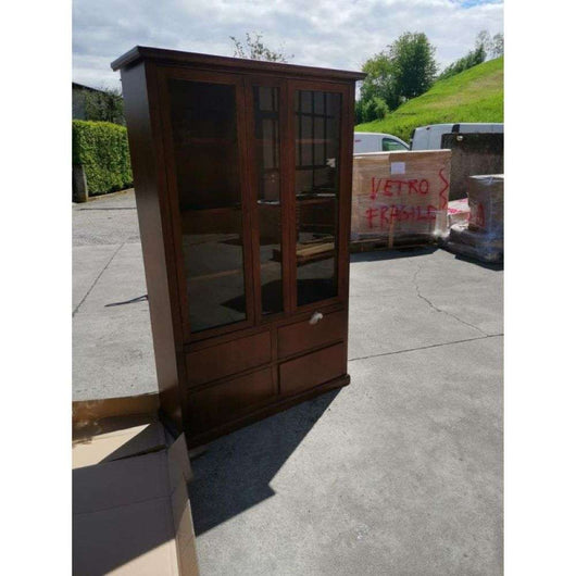 Vetrina colore noce con 3 ante 4 cassetti, in stile classico in legno e mdf con rifinitura in noce lucido 119x40x185 H