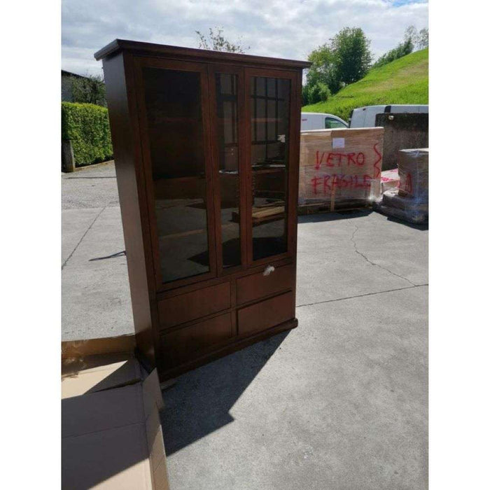 Vetrina colore noce con 3 ante 4 cassetti, in stile classico in legno e mdf con rifinitura in noce lucido 119x40x185 H
