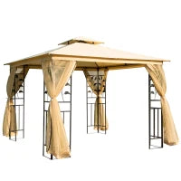 Gazebo da Giardino 3x3m con Zanzariera, Telaio in Acciaio e Doppio Tettuccio, Beige