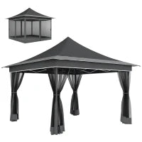 Gazebo da Giardino ad Altezza Regolabile con Zanzariera, in Poliestere e Metallo, 357x357x310 cm, Grigio Scuro