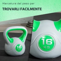 Kettlebell 16kg in PU e Sabbia con Base Piatta e Impugnatura per Stacchi, Squat e Sollevamenti, 26x18x32 cm, Verde