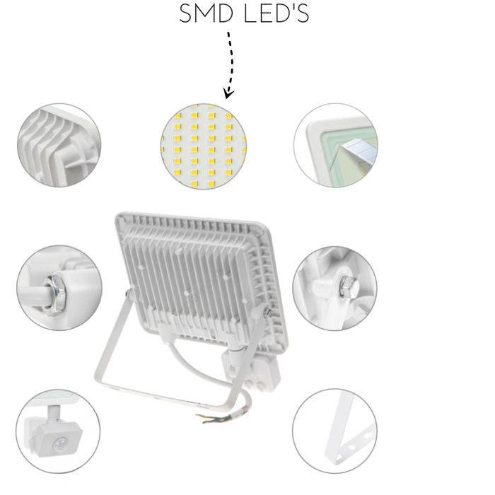 Proiettore led smd corpo bianco con sensore di movimento e cavo da 15 cm ip65